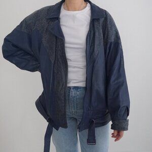 Vintage Roxy Collection Blue 100% Leather Zip Up Bomber Jacket 8